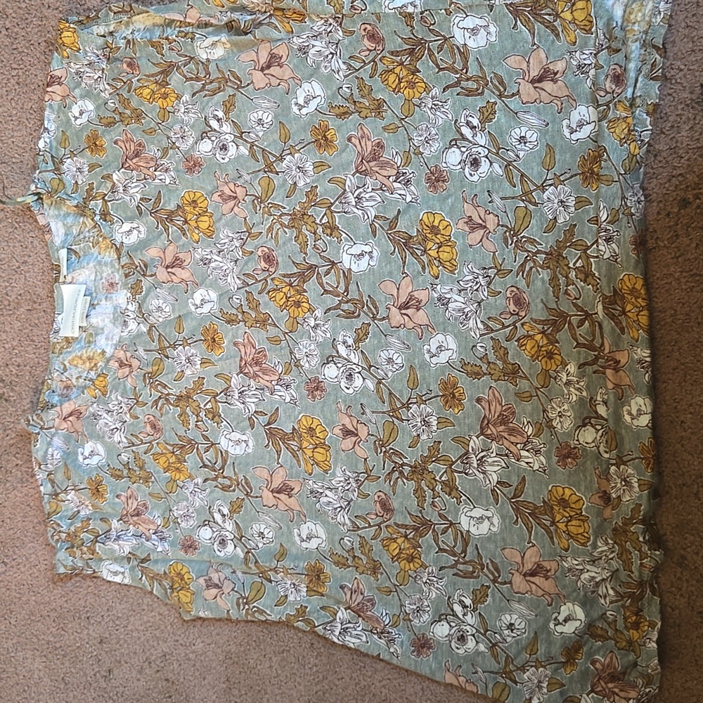 Cynthia Rowley Sage Green Linen Floral Sleeveless Blouse